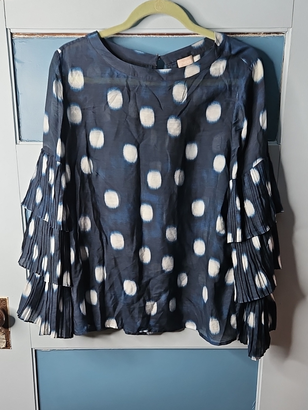 Chico's Women's Navy Polka Dot Ruffle Sleeve Blouse 8/10